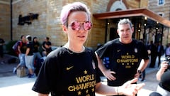 Soccer Football - Women&#039;s World Cup - United States leave Lyon after winning the World Cup - Fourviere Hotel, Lyon, France - July 8, 2019  Megan Rapinoe of the U.S. talks to reporters before leaving the hotel to return to the United States after winn
