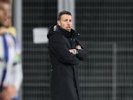 Luis García durante el partido de LaLiga Hypermotion contra la Real Sociedad B.