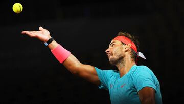 dep 35. PARIS, FRANCE - OCTOBER 06: Rafael Nadal of Spain serves during his Men's Singles quarterfinals match against Jannik Sinner of Italy on day ten of the 2020 French Open at Roland Garros on October 06, 2020 in Paris, France. (Photo by Shaun Botterill/Getty Images)