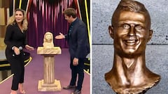 Katia Aveiro en el programa de televisión brasileño de Fábio Porchat descubriendo el busto que le dedicaron inspirado en el de Cristiano Ronaldo.