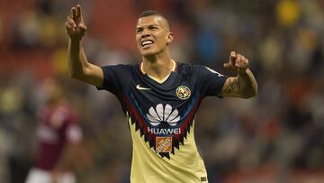 Foto de acci&oacute;n durante el partido Am&eacute;rica vs Morelia, Correspondiente a la Jornada 7 de la Liga BBVA Bancomer MX del Torneo Clausura 2018, en el Estadio Azteca, en la foto: Mateus Uribe celebra su gol  de Am&eacute;rica.