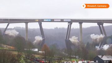 El momento de la primera demolici車n perfecta de un puente de 72m en Alemania