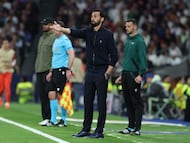Real Madrid's Spanish coach Alvaro Arbeloa is pictured during the UEFA Champions League quarter final first leg football match between Real Madrid CF and FC Bayern Munich at Santiago Bernabeu Stadium in Madrid on April 7, 2026. (Photo by Thomas COEX / AFP)