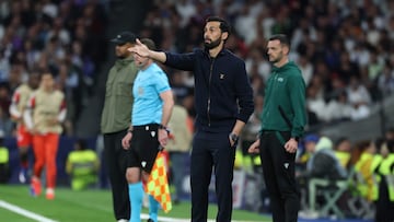 Real Madrid's Spanish coach Alvaro Arbeloa is pictured during the UEFA Champions League quarter final first leg football match between Real Madrid CF and FC Bayern Munich at Santiago Bernabeu Stadium in Madrid on April 7, 2026. (Photo by Thomas COEX / AFP)
