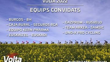 Cartel con los nombres de los siete equipos invitados para la Volta a Catalunya 2022.