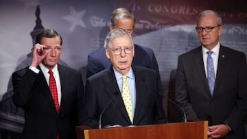 Senate Minority Leader Mitch McConnell, joined by fellow Republican Senators, speaks on a proposed Democratic tax plan during a press conference at the U.S. Capitol.