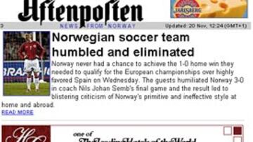 <b>HUMILLADOS</b>. El diario noruego <i>"Aftenposten"</I> señala en su portada la humillación que sufrió su equipo en su propia casa.