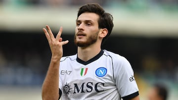 Soccer Football - Serie A - Hellas Verona v Napoli - Stadio Marc'Antonio Bentegodi, Verona, Italy - October 21, 2023 Napoli's Khvicha Kvaratskhelia celebrates scoring their third goal REUTERS/Jennifer Lorenzini