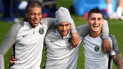 Mbapp&eacute;, Neymar y Marco Verratti, en un entrenamiento del PSG.