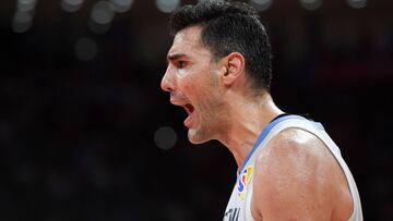 Argentina's Luis Scola reacts during the Basketball World Cup final game between Argentina and Spain in Beijing on September 15, 2019. (Photo by Greg BAKER / AFP)