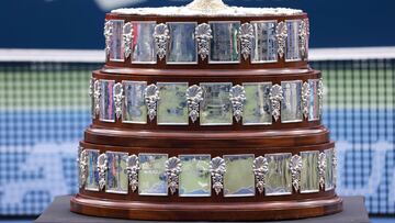 TORONTO, ON - AUGUST 7: The Davis Cup on court as Frank Dancevic, Alexis Galarneau, Gabriel Diallo, Vasek Pospisil, Denis Shapovalov and Felix Auger-Aliassime of Canada receive their 2022 David Cup Championship rings prior to the evening session during Day One of the National Bank Open, part of the Hologic ATP Tour, at Sobeys Stadium on August 7, 2023 in Toronto, Canada. Vaughn Ridley/Getty Images/AFP (Photo by Vaughn Ridley / GETTY IMAGES NORTH AMERICA / Getty Images via AFP)