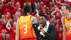 Apr 21, 2018; Salt Lake City, UT, USA; Utah Jazz guard Donovan Mitchell (middle) celebrates with guard Ricky Rubio (3) after a three point shot by Rubio at the buzzer to end the third quarter against the Oklahoma City Thunder in game three of the first round of the 2018 NBA Playoffs at Vivint Smart Home Arena. Utah won 115-102. Mandatory Credit: Chris Nicoll-USA TODAY Sports