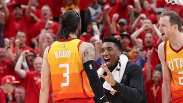 Apr 21, 2018; Salt Lake City, UT, USA; Utah Jazz guard Donovan Mitchell (middle) celebrates with guard Ricky Rubio (3) after a three point shot by Rubio at the buzzer to end the third quarter against the Oklahoma City Thunder in game three of the first round of the 2018 NBA Playoffs at Vivint Smart Home Arena. Utah won 115-102. Mandatory Credit: Chris Nicoll-USA TODAY Sports