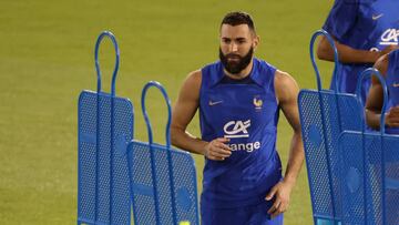 DOHA, QATAR - NOVEMBER 19: Karim Benzema of France during Team France practice ahead of the FIFA World Cup Qatar 2022 at Al Sadd SC Stadium on November 19, 2022 in Doha, Qatar. (Photo by Jean Catuffe/Getty Images)