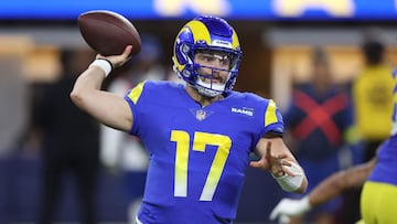 INGLEWOOD, CALIFORNIA - DECEMBER 08: Baker Mayfield #17 of the Los Angeles Rams passes the ball against the Las Vegas Raiders during the second quarter at SoFi Stadium on December 08, 2022 in Inglewood, California.   Sean M. Haffey/Getty Images/AFP (Photo by Sean M. Haffey / GETTY IMAGES NORTH AMERICA / Getty Images via AFP)