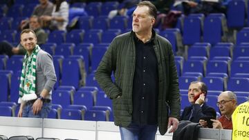 MADRID, SPAIN - MARCH 22: Arvydas Sabonis, Zalgiris Kaunas President looks on during the 2017/2018 Turkish Airlines EuroLeague Regular Season Round 28 game between Real Madrid and Zalgiris Kaunas at Wizink Arena on March 22, 2018 in Madrid, Spain. (Photo by Emilio Cobos/Euroleague Basketball via Getty Images)
