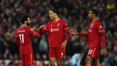 LIVERPOOL, ENGLAND - APRIL 19: ( THE SUN OUT,THE SUN ON SUNDAY OUT) Mohamed Salah of Liverpool celebrates  after scoring the fourth goal   during the Premier League match between Liverpool and Manchester United at Anfield on April 19, 2022 in Liverpool, England. (Photo by Andrew Powell/Liverpool FC via Getty Images)