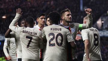 Soccer Football - Champions League - Group A - Rangers v Ajax Amsterdam - Ibrox Stadium, Glasgow, Scotland, Britain - November 1, 2022 Ajax Amsterdam's Mohammed Kudus celebrates scoring their third goal with Dusan Tadic but it was later disallowed REUTERS/Russell Cheyne