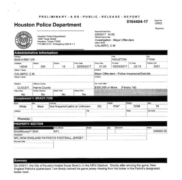 El valor estimado de la camiseta robada de Tom Brady y sus 'sospechosos'
