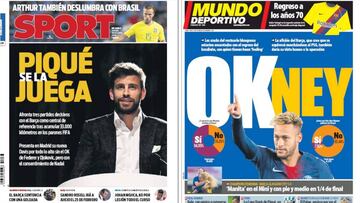 Portadas de los diarios Sport y Mundo Deportivo del d&iacute;a 18 de octubre de 2018.