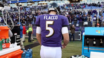 BALTIMORE, MARYLAND - JANUARY 06: Joe Flacco #5 of the Baltimore Ravens walks off the field after being defeated by the Los Angeles Chargers in the AFC Wild Card Playoff game at M&amp;T Bank Stadium on January 06, 2019 in Baltimore, Maryland. The Chargers defeated the Ravens with a score of 23 to 17.   Rob Carr/Getty Images/AFP
 == FOR NEWSPAPERS, INTERNET, TELCOS &amp; TELEVISION USE ONLY ==