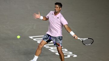 El tenista español Fernando Verdasco devuelve una pelota contra el tenista australiano Thanasi Kokkinakis, durante el segundo día del Abierto de Tenis de Los Cabos.