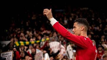 MANCHESTER, ENGLAND - MAY 02: Cristiano Ronaldo of Manchester United salutes the fans at the end of the Premier League match between Manchester United and Brentford at Old Trafford on May 2, 2022 in Manchester, United Kingdom. (Photo by Ash Donelon/Manchester United via Getty Images)
