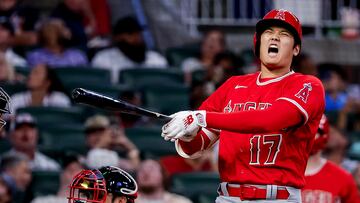 Atlanta (United States), 31/07/2023.- Los Angeles Angels designated hitter Shohei Ohtani reacts after a swing during an at bat in the seventh inning of an MLB baseball game between the Los Angeles Angels and the Atlanta Braves at Truist Park in Atlanta, Georgia, USA, 31 July 2023. EFE/EPA/ERIK S. LESSER
