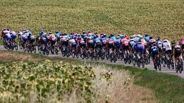 The pack of riders cycles during the 19th stage of the 109th edition of the Tour de France cycling race, 188,3 km between Castelnau-Magnoac and Cahors, in southwestern France, on July 22, 2022. (Photo by Thomas SAMSON / AFP)