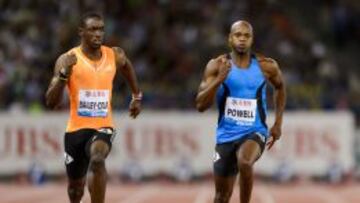 Asafa Powell (derecha) junto al tambi&eacute;n jamaicano Kemar Bailey-Cole en la Weltklasse de Z&uacute;rich 2014. 