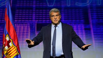 El presidente del FC Barcelona, Joan Laporta, durante la presentaci¨®n de Bar?a Vision.