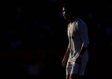 Cristiano Ronaldo of Real Madrid looks on during the La Liga match between Girona and Real Madrid at Municipal de Montilivi Stadium on October 29, 2017 in Girona, Spain. 