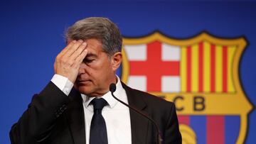 Soccer Football - FC Barcelona Press Conference - Auditorium 1899 near the Camp Nou, Barcelona, Spain - May 28, 2021 FC Barcelona president Joan Laporta during the press conference REUTERS/Albert Gea