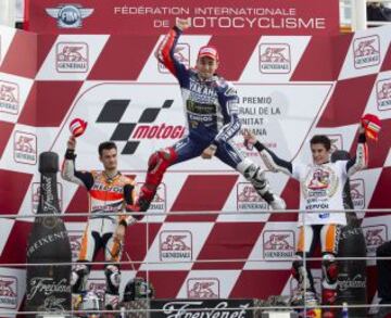 Jorge Lorenzo, Dani Pedrosa y Marc Márquez en el podio del Gran Premio de la Comunidad Valenciana disputado en el Circuito Ricardo Tormo en Cheste