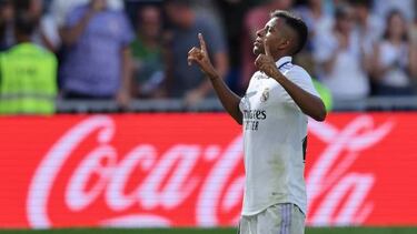 Real Madrid's Brazilian forward Rodrygo celebrates after scoring his team's second goal during the Spanish league football match between Real Madrid CF and Real Betis at the Santiago Bernabeu stadium in Madrid on September 3, 2022. (Photo by Thomas COEX / AFP) (Photo by THOMAS COEX/AFP via Getty Images)