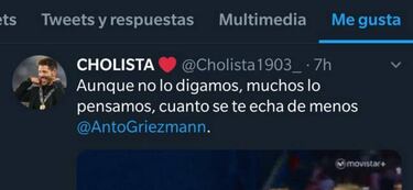 A Griezmann le gusta un tuit sobre si el Atleti le echa de menos y luego lo elimina