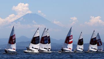 TOKYO, JAPAN - JULY 21: The mens Laser Class fleet sail in a practice race ahead of the Tokyo 2020 Olympic Games on July 21, 2021 in Tokyo, Japan. (Photo by Clive Mason/Getty Images)