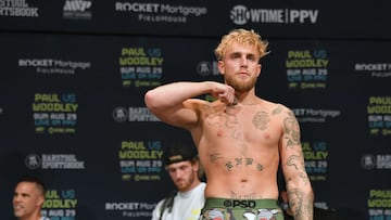 CLEVELAND, OHIO - AUGUST 28: Jake Paul poses during the weigh in event at the State Theater prior to his August 29 fight against Tyron Woodley on August 28, 2021 in Cleveland, Ohio.   Jason Miller/Getty Images/AFP
 == FOR NEWSPAPERS, INTERNET, TELCOS &amp