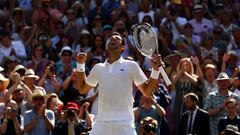 Novak Djokovic celebrates Championship point against Kevin Anderson in the 2015 Wimbledon final.