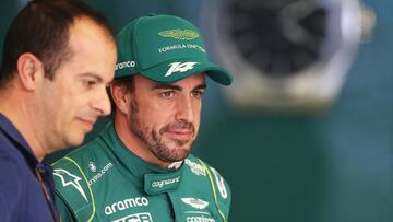 BAHRAIN, BAHRAIN - FEBRUARY 23: Fernando Alonso of Spain and Aston Martin F1 Team looks on in the garage during day one of F1 Testing at Bahrain International Circuit on February 23, 2023 in Bahrain, Bahrain. (Photo by Peter Fox/Getty Images)