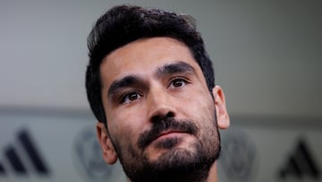 Dortmund (Germany), 11/09/2023.- German national soccer team player Ilkay Gundogan reacts during a press conference on the eve of the international friendly soccer match between Germany and France in Dortmund, Germany, 11 September 2023. (Futbol, Amistoso, Francia, Alemania) EFE/EPA/Christopher Neundorf CONDITIONS - ATTENTION: The DFL regulations prohibit any use of photographs as image sequences and/or quasi-video.