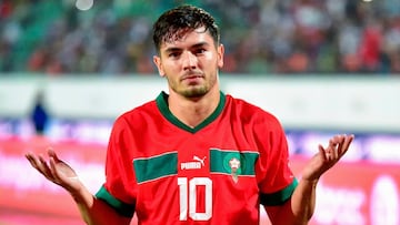 Brahim celebra su gol con Marruecos ante Lesoto.