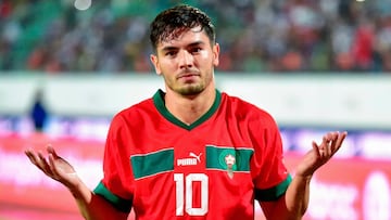 Brahim celebra su gol con Marruecos ante Lesoto.