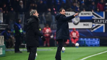 Athletic Bilbao's Spanish coach Ernesto Valverde (L) and Atalanta's Italian coach Raffaele Palladino attend the UEFA Champions League, league phase day 7, football match between Atalanta Bergame and Athletic Bilbao at the stadio Atleti Azzurri d'Italia stadium in Bergamo on January 21, 2026. (Photo by PIERO CRUCIATTI / AFP)