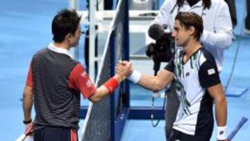 Kei Nishikori y David Ferrer se saludan tras el partido.
