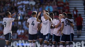 Arsenal's Martin Odegaard (centre) celebrates with his team mates after scoring the second goal of the game during the Premier League match at the Vitality Stadium, Bournemouth. Picture date: Saturday August 20, 2022. (Photo by Steven Paston/PA Images via Getty Images)