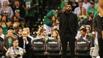 BOSTON, MA - MAY 15: Kyrie Irving #11 of the Boston Celtics looks on in the second half of Game Two of the 2018 NBA Eastern Conference Finals against the Cleveland Cavaliers at TD Garden on May 15, 2018 in Boston, Massachusetts. NOTE TO USER: User expressly acknowledges and agrees that, by downloading and or using this photograph, User is consenting to the terms and conditions of the Getty Images License Agreement.   Maddie Meyer/Getty Images/AFP
 == FOR NEWSPAPERS, INTERNET, TELCOS &amp; TELEVISION USE ONLY ==