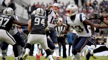 Nov 19, 2017; Mexico City, MEX; New England Patriots quarterback Tom Brady (12) throws a pass against the Oakland Raiders during an NFL International Series game at Estadio Azteca. The Patriots defeated the Raiders 33-8. Mandatory Credit: Kirby Lee-USA TODAY Sports