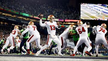 SEATTLE, WASHINGTON - DECEMBER 15: Brock Purdy #13 of the San Francisco 49ers throws a pass against the Seattle Seahawks during the fourth quarter of the game at Lumen Field on December 15, 2022 in Seattle, Washington.   Steph Chambers/Getty Images/AFP (Photo by Steph Chambers / GETTY IMAGES NORTH AMERICA / Getty Images via AFP)