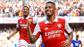 London (United Kingdom), 13/08/2022.- Gabriel Jesus of Arsenal celebrates after scoring teamvïs second goal during the English Premier League soccer match between Arsenal FC and Leicester City in London, Britain, 13 August 2022. (Reino Unido, Londres) EFE/EPA/ANDY RAIN EDITORIAL USE ONLY. No use with unauthorized audio, video, data, fixture lists, club/league logos or 'live' services. Online in-match use limited to 120 images, no video emulation. No use in betting, games or single club/league/player publications
